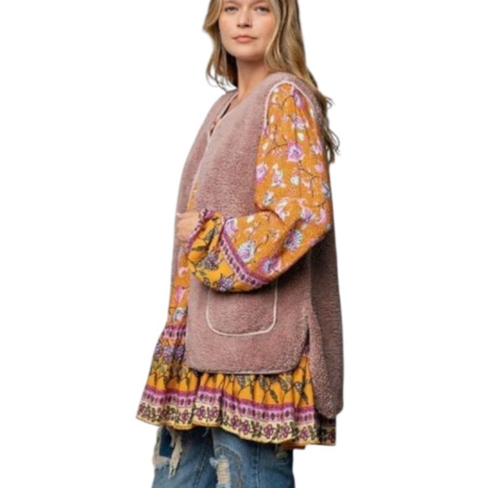 Easel Mauve Faux Fur Front Pockets Front Pockets Oversized Loose Fit Teddy Vest